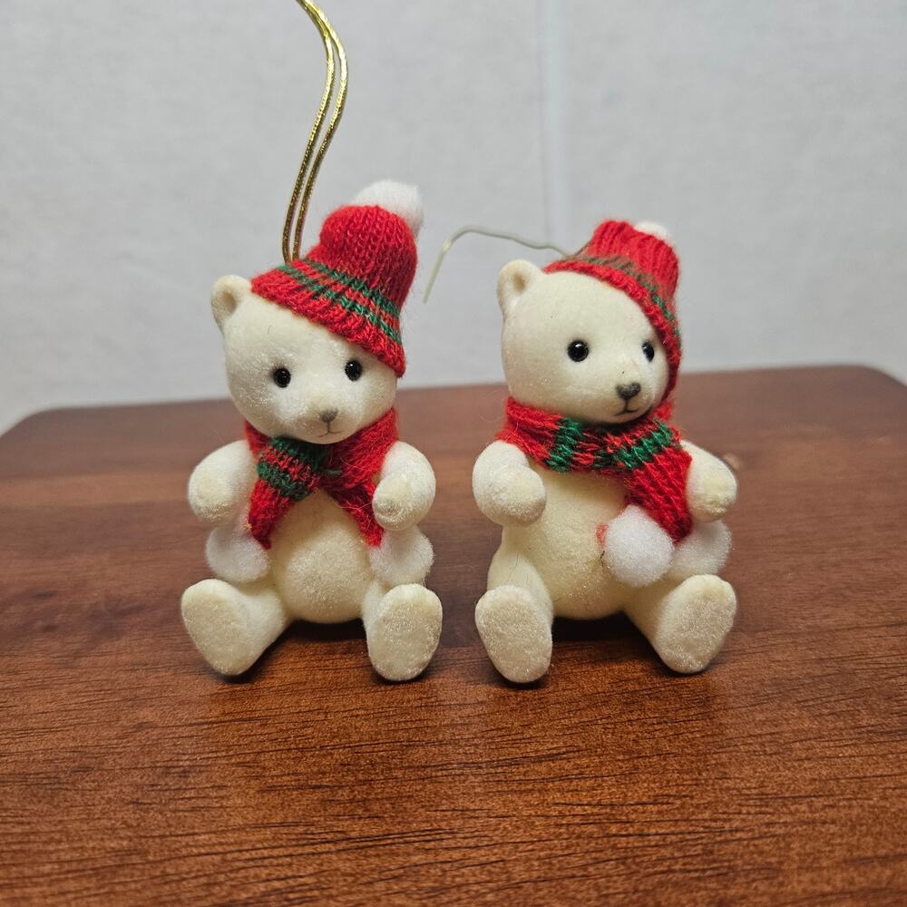 Vintage White Flocked Bear Ornament Bundle of 2 Hat and Scarf